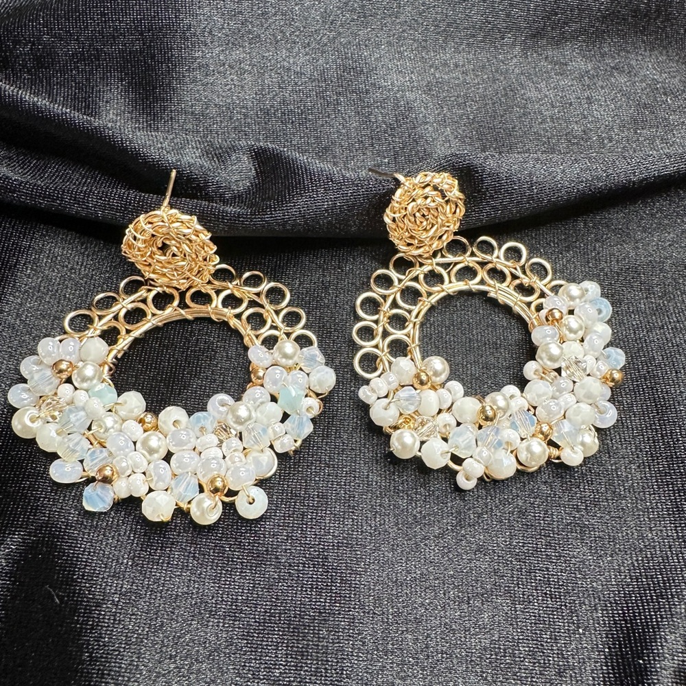 Elegant Gold and White Beaded Earrings